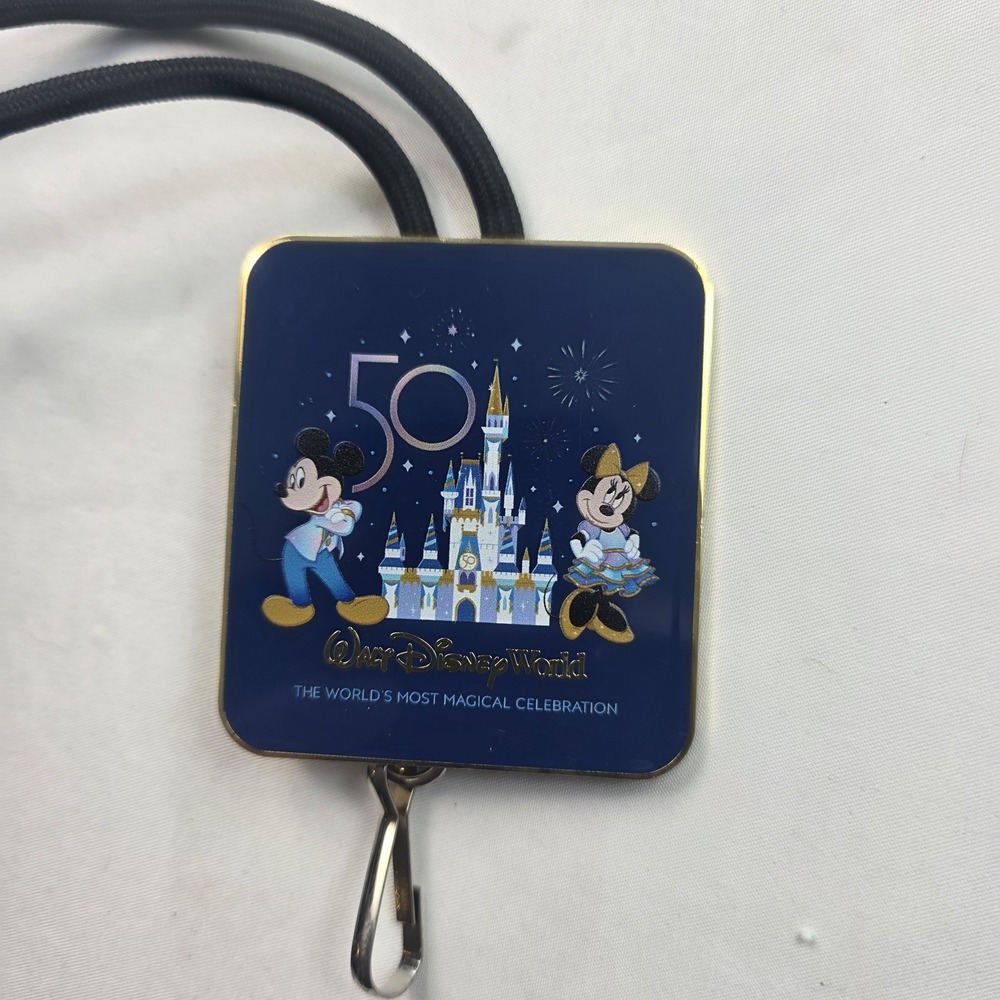 Disney WDW 50th Anniversary Mickey Minnie Blue Castle Lanyard Medal Badge Holder